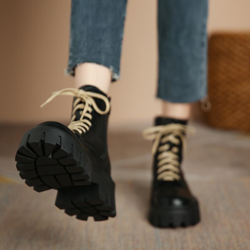厚底 ショートブーツ 歩きやすい レディース リボン 編み上げ 秋冬 きれいめ 身長アップ 美脚 ランドトゥ 英国風 お出かけ 学校 デート 普段使い