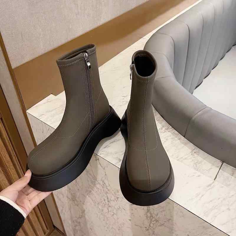 厚底 ショートブーツ 歩きやすい 黒 緑 かっこいい 秋冬 レディース 靴 きれいめ 脚長 身長アップ サイドジップ デート お出かけ 暖かい