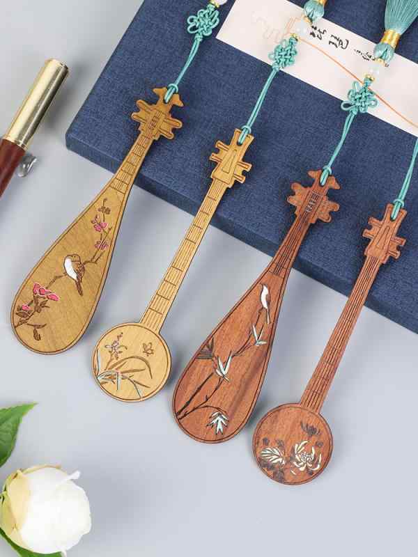 プチギフト 文房具 ブックマーク マーカー 栞 琵琶 無垢材 セット 黒檀 マホガニー 彫刻 おしゃれ 本 ..