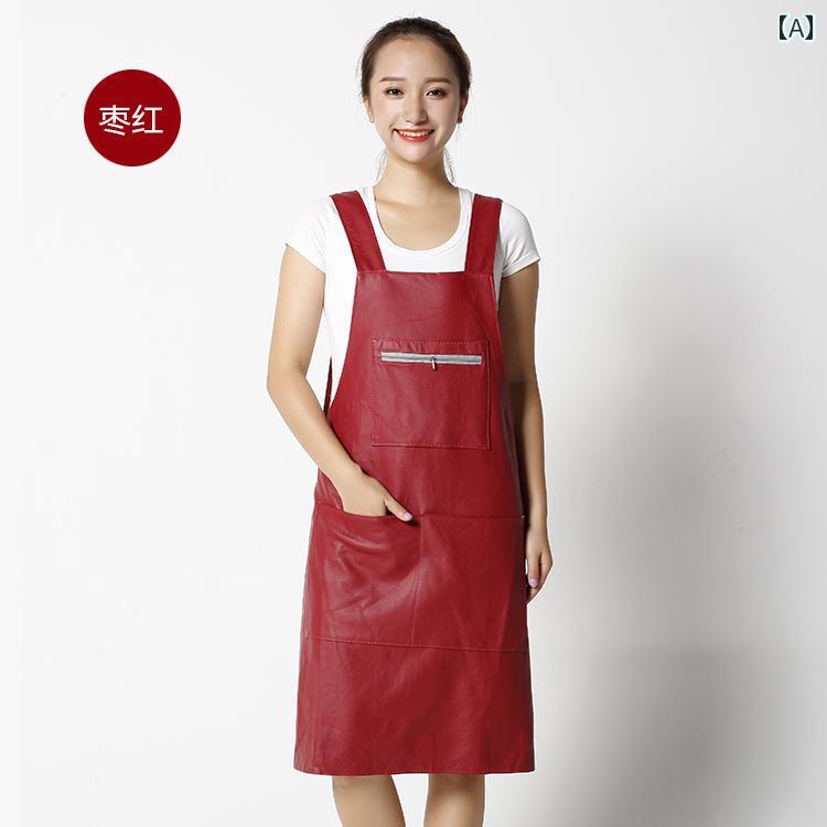 防水 エプロン おしゃれ 大人 レザー PU 耐油 キッチン レディース 家庭用 作業 H型 ポケット ワンピース 調理 ピンク 黒 白 料理