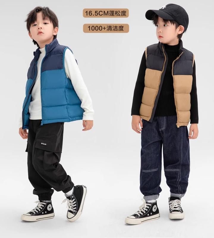 Blousons, Jumpers - ダウンベスト キッズ 男の子 防寒 冬 厚手 暖かい ツートンカラー ダウン 防風 撥水 ジップアップ スタンドカラー 軽量 柔らかい シンプル かっこいい ふわふわ 青 黒 カーキ