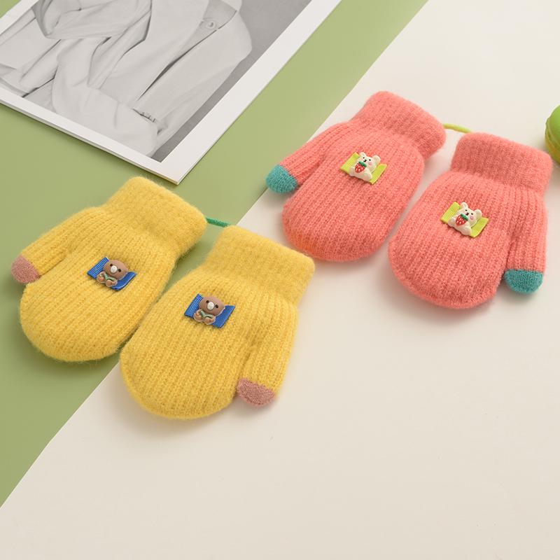 Casual - 手袋 ミトン 子供 冬 暖かい 厚手 ウール 男の子 女の子 かわいい ウサギ クマ 恐竜 ネイビー ピンク ブルー 防寒 裏ボア 紐付き 紛失防止