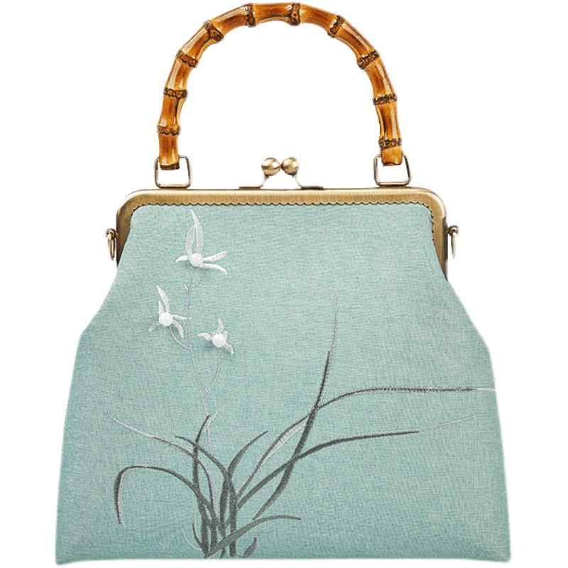ハンドバッグ 小さめ ミニ レディース レトロ 結婚式 刺繍 チャイナ風 竹 エレガント クロスボディ ブルー がま口 おしゃれ ストラップ ショルダー(4)