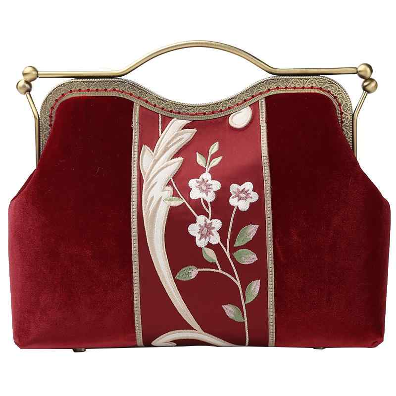 ハンドバッグ 小さめ ミニ レディース ベルベット チャイナ風 花柄 刺繍 結婚式 ディナー パーティー エレガント レッド ブルー チェーン ストラップ
