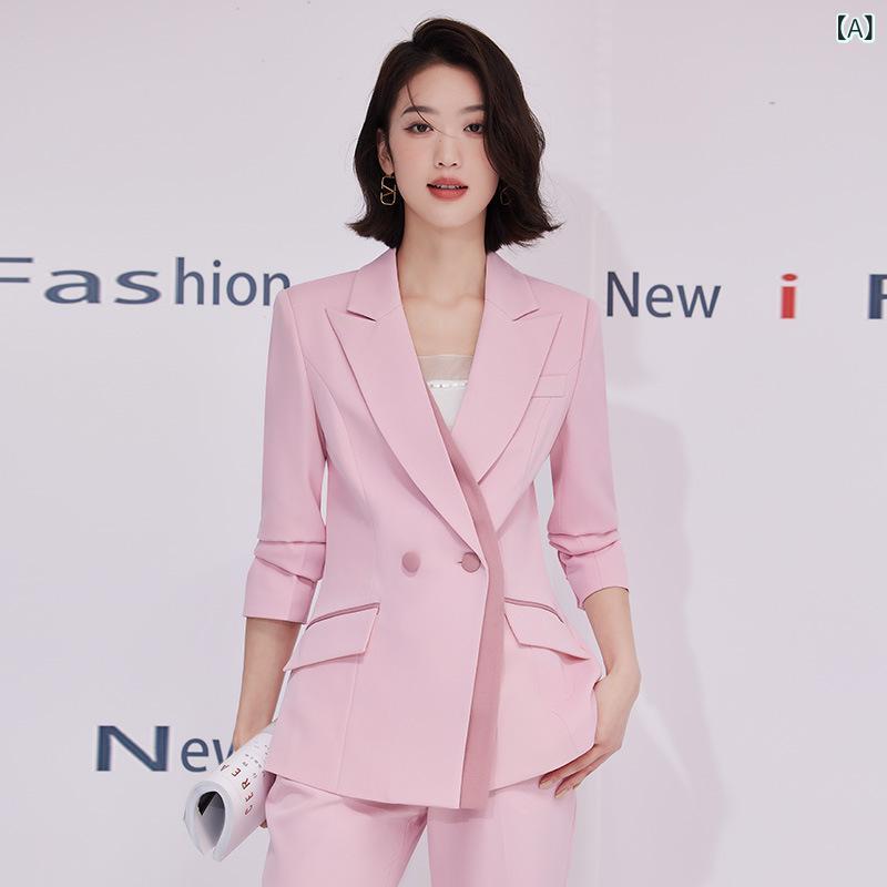 セットアップ レディース ジャケット テーラードジャケット パンツスーツ パンツ スラックス 通勤 オフィス ビジネス フォーマル カジュアルスタイル 普段使い きれいめ 上品 高級感 襟 長袖 春秋 ピンク ホワイト 合成繊維