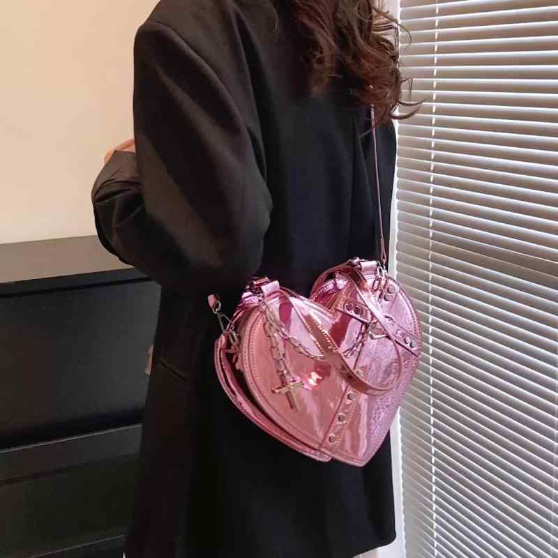 ハート型 バッグ レディース ロリータ ハンドヘルド スイート クール シルバー ブラック ピンク PU ファスナー ショルダー おしゃれ