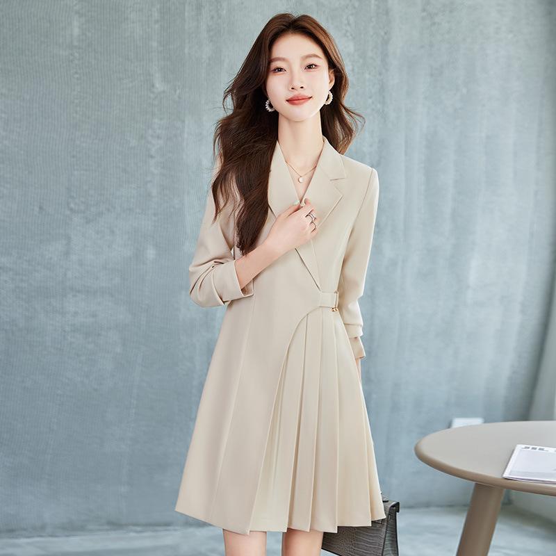 ワンピース レディース 秋冬 テーラードカラー 長袖 タイトスカート ミディアム丈 ウエストマーク 着痩せ 膝丈 事務服 通勤 オフィス 30代 きれいめ 上品 アセテート ブラック ネイビー グレー エレガント