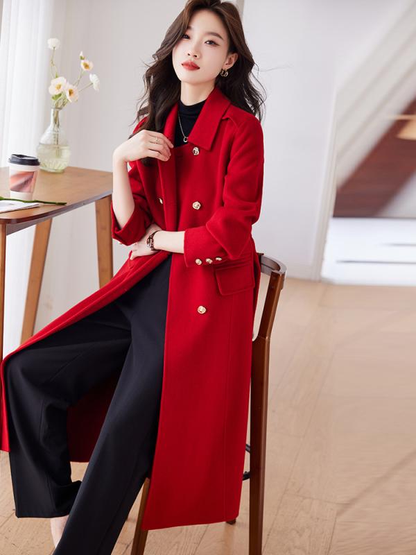 Suits For Job Interviews - コート レディース 秋冬 ウール ウール ミドル丈 アウター ダブルフェイス テーラード 厚手 防寒 暖かい 高級感 きれいめ 上品 レッド ブラック ネイビー 通勤 お出かけ 普段使い 40代 軽い ゆったり シルエット 無地