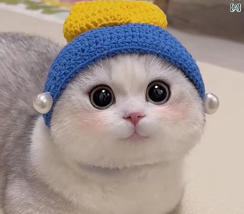 猫用 帽子 パール かわいい 犬 ぬいぐるみ ウール 手編み ヘッド バンド ペット 写真撮影 小道具 キャットウェア 頭 アクセサリー 青