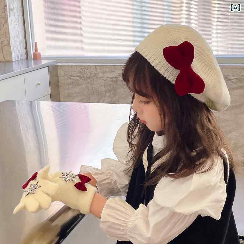 フロントップ楽天市場店の子供用 ベレー帽 秋冬 女の子 カボチャ ウール かわいい リボン ベビー ニット プリンセス つばなし フラットトップ 白 黄 赤 ピンク｜アングル2