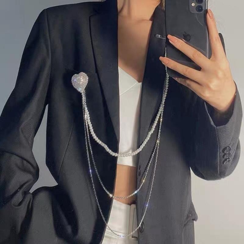 ラペルピン メンズ チェーン パンク ピアス ペンダント パール ブローチ レディース ユニセックス ロング ラインストーン キラキラ ハート アクセサリー パ...