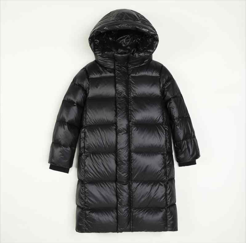 Down - ダウンジャケット キッズ 女の子 アウター 暖かい コート ロング丈 男の子 冬 厚手 防寒 ジップアップ シンプル フード付き 子ども服 黒