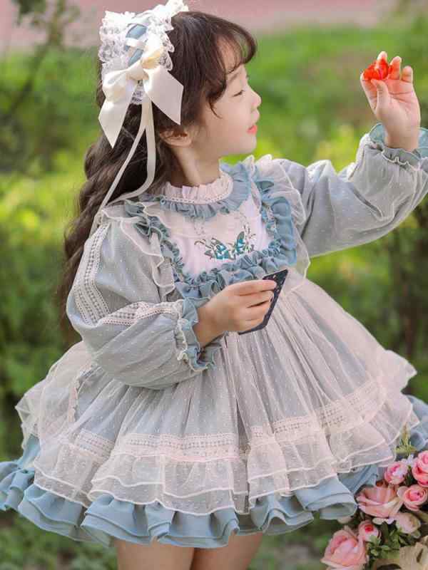 楽天フロントップ楽天市場店ロリータ ワンピース 女の子 子供 ベビー 秋冬 長袖 半袖 プリンセス ドレス ゴスロリ Aライン ミニ丈 1歳 誕生日 写真撮影 コスプレ衣装 フリル レース リボン かわいい 青 アプリコット
