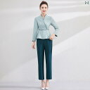エステ ユニフォーム 9分袖 春秋 冬 制服 サロン ホテル 技術者 作業服 レディース 黒 緑 無地 Vネック くびれ 速乾 ストレッチ 通気性 パンツ 上下セット 大きいサイズ おしゃれ