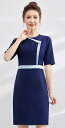 エステ ユニフォーム ワンピース 五分袖 夏 制服 サロン ホテル フロント 受付 レディース 白 青 無地 ウエストマーク 膝上 ラウンドネック ファスナー付...