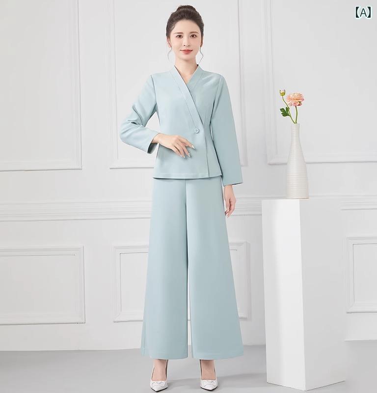 エステ ユニフォーム 9分袖 春秋 制服 サロン ホテル フロント 受付 技術者 作業服 レディース 緑 カーキ 無地 カシュクール ボタン 速乾 ストレッチ ガウチョ ワイド パンツ 上下セット 大きいサイズ おしゃれ
