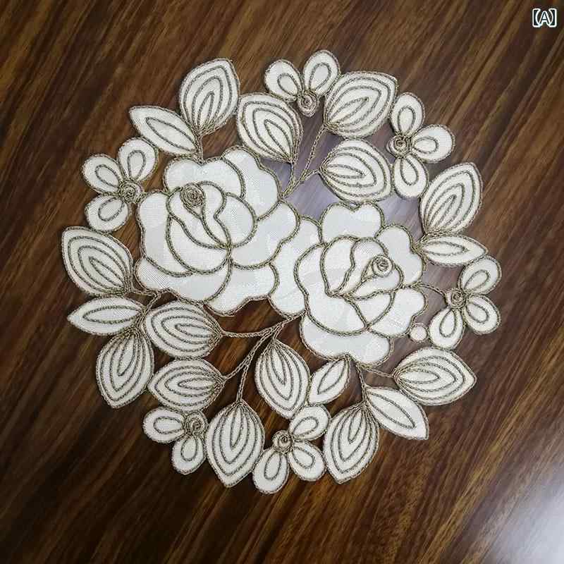 コースター おしゃれ キッチン 雑貨 インテリア 刺繍 生地 エレガント ローズ バラ 花 丸型 テーブル 防塵 装飾 コップ グラス ポット