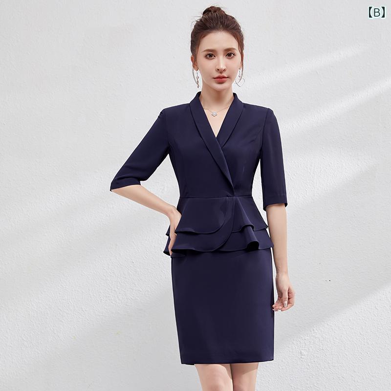 エステ ユニフォーム ワンピース 五分袖 春夏 制服 サロン ホテル フロント 受付 ...