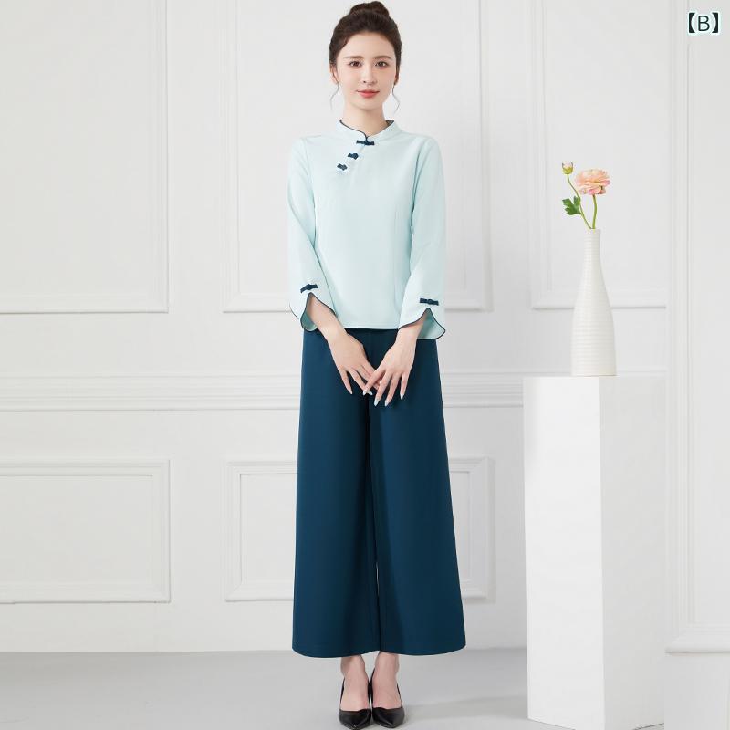 フロントップ楽天市場店のエステ ユニフォーム 9分袖 秋 制服 サロン 技術者 作業服 レディース 白 ピンク 緑 無地 スタンドカラー 速乾 ストレッチ ガウチョ ワイド パンツ 上下セット 大きいサイズ おしゃれ｜アングル2