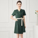 エステ ユニフォーム ワンピース 半袖 春夏 制服 サロン レディース アプリコット 緑 無地 ウエストマーク リボン ラップスカート 膝上 ポケット 速乾 ストレッチ 通気性 大きいサイズ おしゃれ
