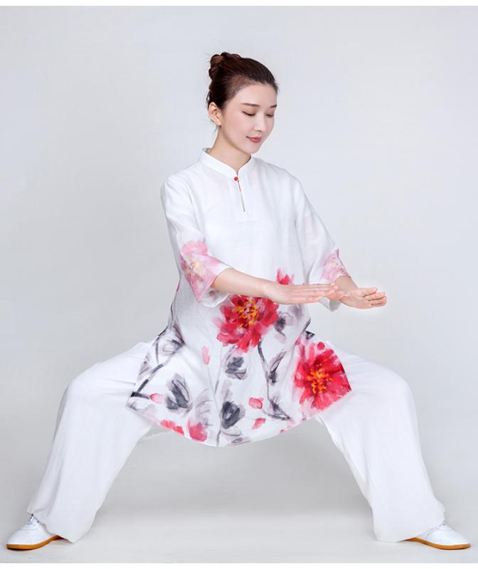 太極拳 服 レディース 夏 トップス 上下セット ビーズボタン 練習 パフォーマンス カンフー 武術 通気性 柔らかい 薄手 ポケット付 ラミー カジュアル 大...