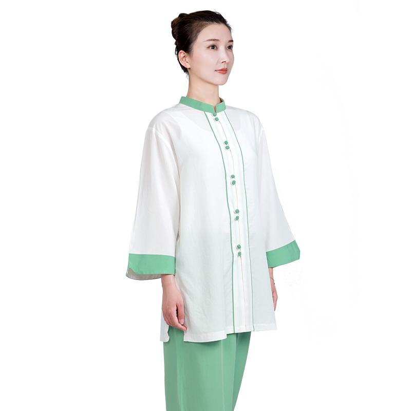 太極拳 服 レディース 夏 長袖 半袖 練習 パフォーマンス カンフー 武術 通気性 涼しい 柔らかい 快適 シワになりにくい ポケット付 綿麻 カジュアル 大きいサイズ 無地 緑