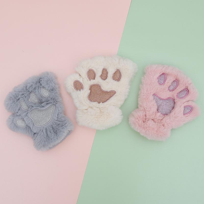 手袋 子供 女の子 男の子 秋冬 ハーフフィンガー グローブ 指なし 防寒性 暖かい 肌に優しい 柔らかい 快適 毛玉になりにくい 通学 登園 外遊び かわいい ふわふわ 猫の手 グレー ピンク 白