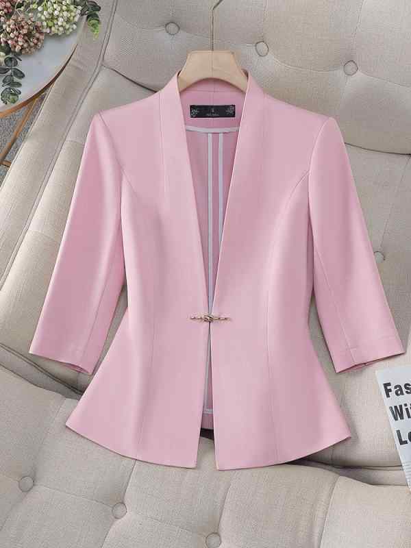 ジャケット レディース 七分袖 テーラードジャケット 春秋 ピンク ブラック アプリコット ビジネス オフィス 通勤 事務服 制服 ブレザー アウター ポリエステル 軽量 薄手 上品 エレガント きれいめ 羽織り