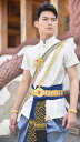 タイ 衣装 男 民族 春夏 プリンス エスニック レトロ 半袖 スタンドカラー トップス パンツ ショール ウエストバンド セット 東南アジア ハロウィン コス...