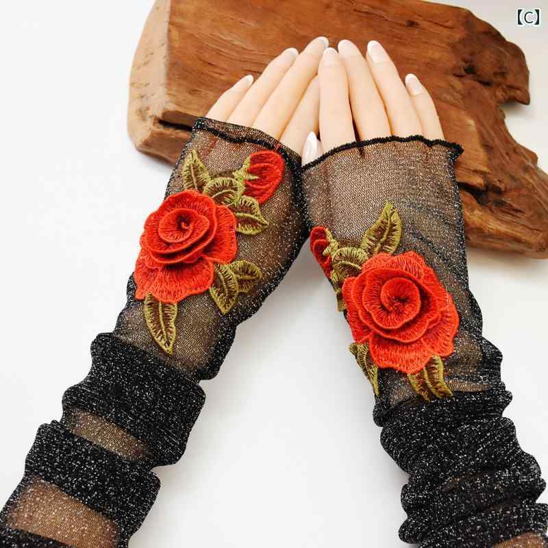 エスニック アームカバー 夏 日焼け防止 シースルー レディース 黒 レース 刺繍 花 手 甲 フィンガーレス 指穴 なし ロング 薄手 通気 運転 涼しい おしゃれ エレガント パーティー ダンス 衣装 ホワイト ピンク ブルー 金魚 ラメ キラキラ