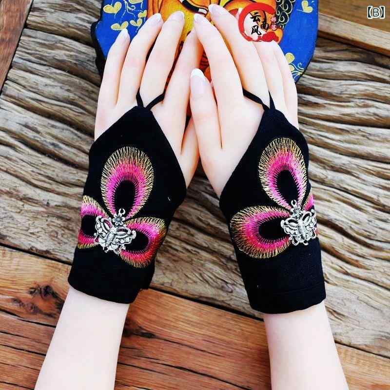 エスニック グローブ レディース キャンバス 刺繍 花 手袋 フィンガーレス 手首 甲 ショート 傷跡 リストカバー おしゃれ エレガント チャイナ風 レトロ アジアン パーティー ダンス パフォーマンス ステージ 衣装 グリーン ピンク ローズレッド