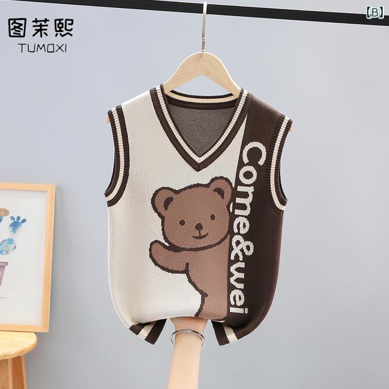 フロントップ楽天市場店のニットベスト キッズ 女の子 男の子 春秋 大きいサイズ セーター トップス ノースリーブ Vネック コットン ウール 通学 登園 お出かけ着 おしゃれ シンプル ストライプ 厚手 暖かい 裏起毛 紺 白 グレー｜アングル3