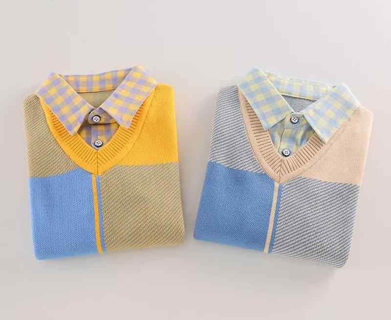ニットベスト おしゃれ 男の子 韓国 春秋 大きいサイズ セーター トップス Vネック 襟付きシャツ 重ね着風 コットン ウール 通学 登園 お出かけ シンプル チェック 厚手 暖かい 裏起毛 通気性 快適 黄色 アイボリー