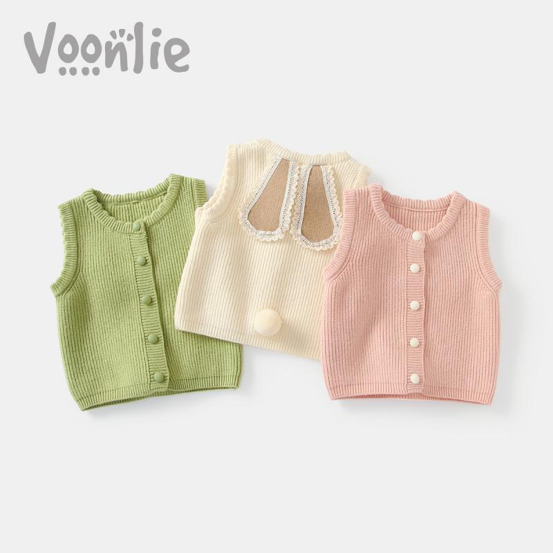 ニットベスト キッズ 女の子 ベビー 春秋 セーター トップス ノースリーブ ラウンドネック カジュアル 登園 お出かけ着 お呼ばれ シンプル 暖かい 前ボタン かわいい うさ耳 緑 白 ピンク