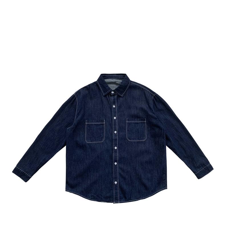Denim Shirt - メンズ カジュアル シャツ 長袖 大きいサイズ 男性 韓国 春秋 ビッグカラー ルーズ 普段使い 羽織り デニム 青 無地 ポケット シンプル