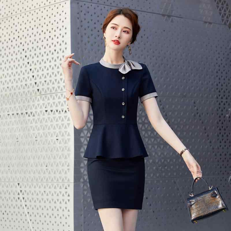 セットアップ レディース 春夏 事務服 制服 受付 ジャケット 5分袖 膝丈 スカート パンツ OL エレガント 高級感 ポリエステル シワになりにくい ストレッチ 通気性 洗える 無地 グレー ブルー ネイビー