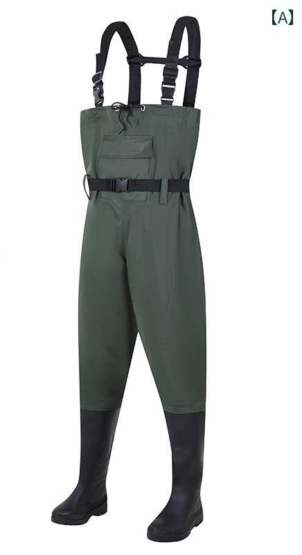 ウェーダー 釣り 防水 胴付長靴 チェストハイ 作業着 一体型 綿 裏地 取り外し可能 厚手 滑り防止 耐摩耗性 ポケット 男女兼用 水場仕事 アウトドア 黒 緑 迷彩