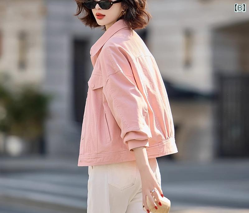 ワークジャケット レディース ヴィンテージ風 春秋 アウター ブルゾン ショート丈 襟付き ボタン シンプル カジュアル スタイリッシュ おしゃれ アイボリー ピンク