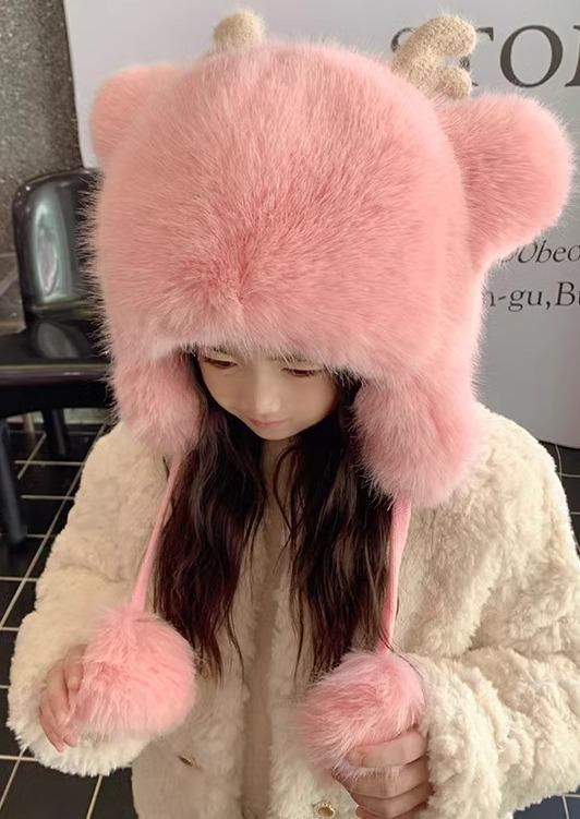 Other - フードウォーマー キッズ 子供 男の子 女の子 韓国 冬 かわいい 帽子 ピンク 白 ベージュ 鹿 ツノ 紐 耳付き ファー ふわふわ 防寒 防風 保温 暖かい レジャー 外遊び クリスマス