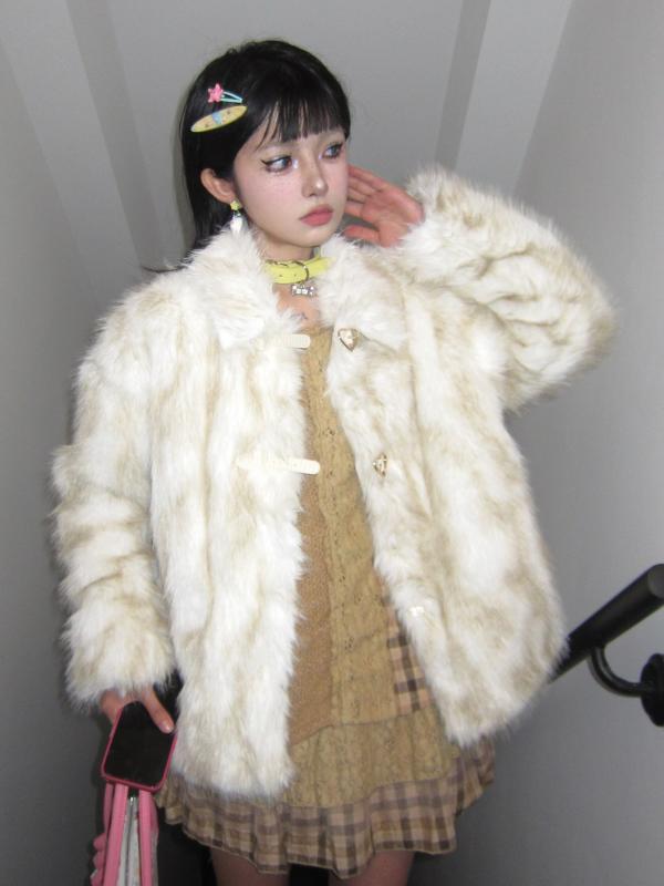 Other Jackets Jumpers - コート レディース 冬 甘い かわいい フェイクファー タイダイ ショート 厚手 体型カバー 暖かい ふわふわ 防寒 韓国 長袖 ピンク ハート 普段使い