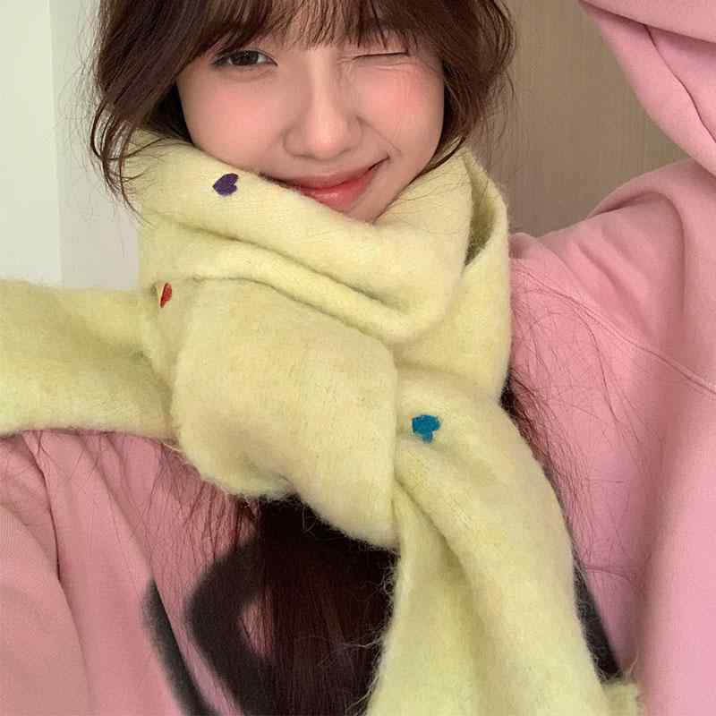 マフラー かわいい レディース 女性 韓国 冬 暖かい 厚手 防寒 保温 カジュアル 普段使い 通勤 通学 ウール ポリエステル 繊維 ピンク 紫 緑 ハート シンプル
