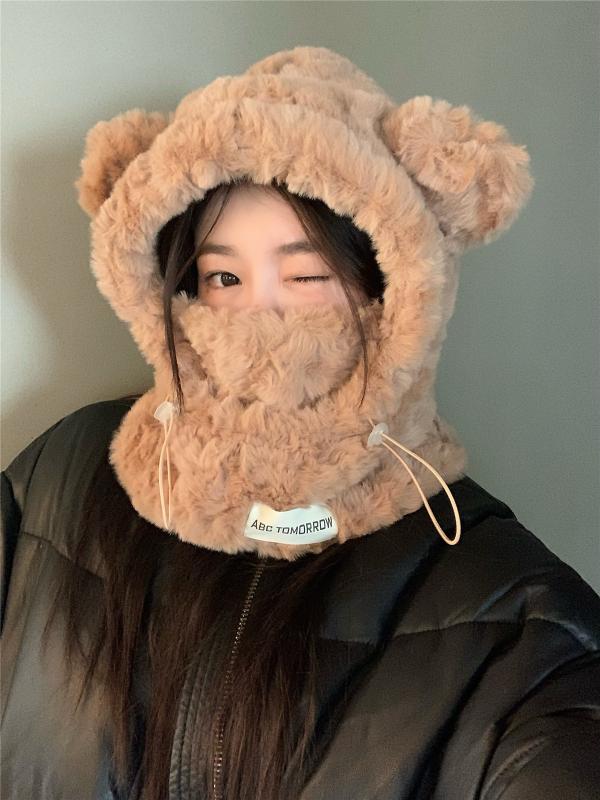 耳隠れる帽子 レディース 冬 ふわふわ くま耳 大人 厚手 もこもこ 防寒 保温 かわいい 被り物 アウトドア コスプレ お出かけ フェイスカバー 茶 ベージュ グレー