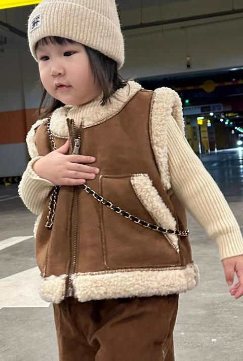 ボアベスト キッズ 男の子 女の子 防寒 暖かい もこもこ 秋冬 子供用 韓国 厚手 アウター 上着 カジュアル 前開き ジップアップ カーキ