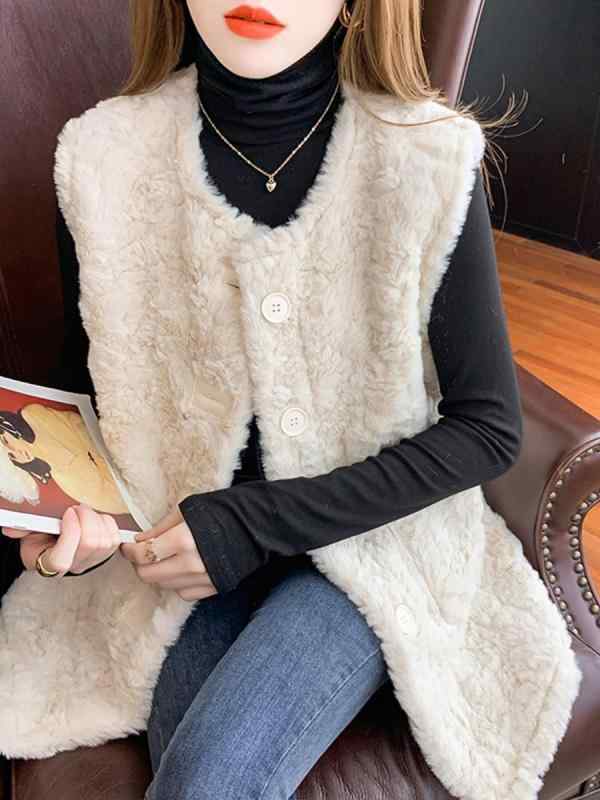 ボアベスト レディース おしゃれ ぬいぐるみ 秋冬 ファー フリース ポケット シングルブレスト ボタン ..