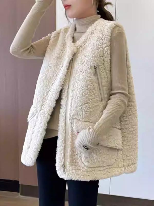 ボアベスト レディース おしゃれ ウール 子羊 ゆったり ファー ワンピース シングルブレスト Vネック ジップアップ お尻 隠れる 冬 厚手 暖かい ポケット お出かけ ルームウェア 防寒 オフホワイト カーキ frontop-12219456 フロントップ楽天市場店 パッケージ画像