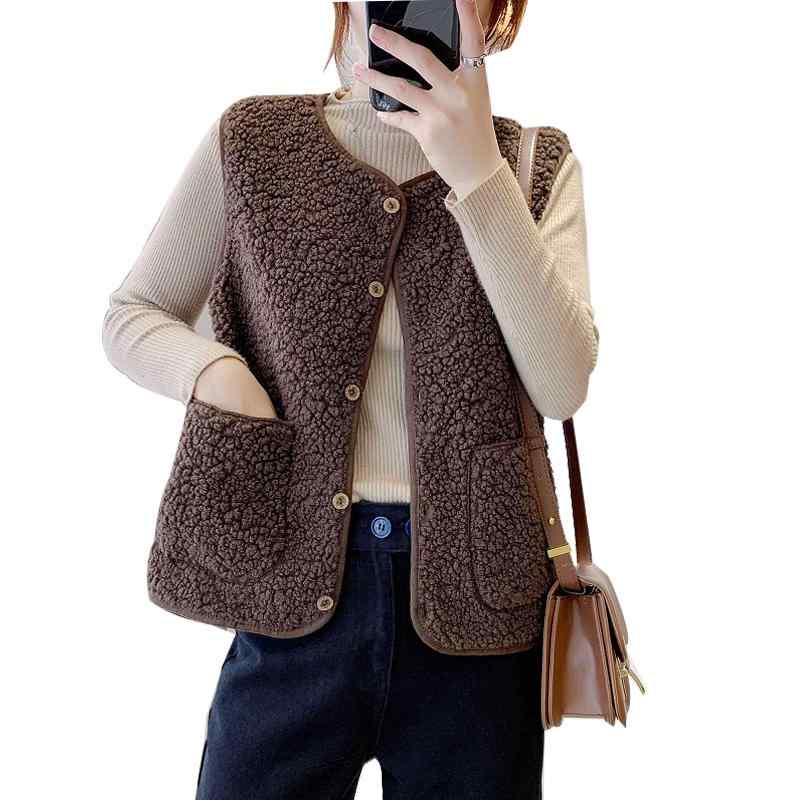 ボアベスト レディース おしゃれ ウール ぬいぐるみ レトロ 上品 一体型 ラウンドネック シングルブレ..