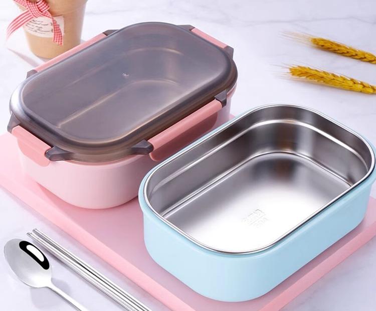 弁当箱 ステンレス 304 子供 学生 ピクニック ランチボックス 仕切り 単層 スプーン 箸 バッグ 液漏れしない 手提げ袋 シンプル 長方形 青 ピンク 緑
