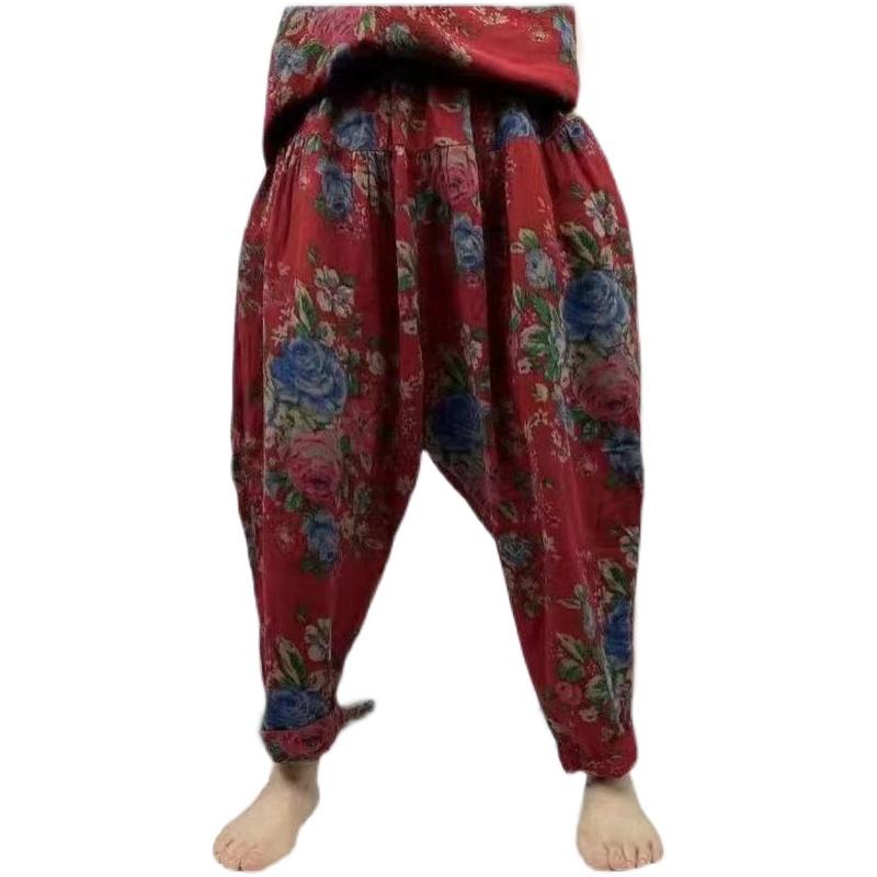 エスニック サルエル パンツ レディース 春秋 綿 ゆったり 大きめ ハイウエスト ハーレム 体型カバー ロング丈 フリーサイズ おしゃれ 花柄 赤