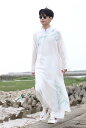 チャイナ服 メンズ チャンパオ 薄手 ロング パフォーマンス プリント シフォン レトロ 夏 ホワイト ブラック スタンドカラー ラウンドネック