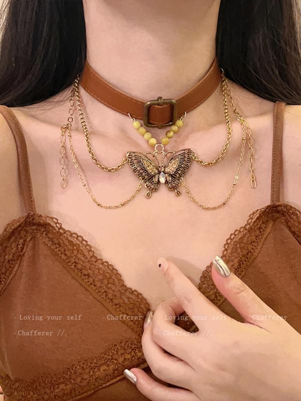 チョーカー レディース レトロ ヘビー 美しい バタフライ ネックレス ラグジュアリー 豪華 ニッチ アクセント アクセサリー 豪華感 首飾り 鎖骨 チェーン 合金 シルバー 金メッキ 韓国 ペンダント ベルト 結婚式 パーティ